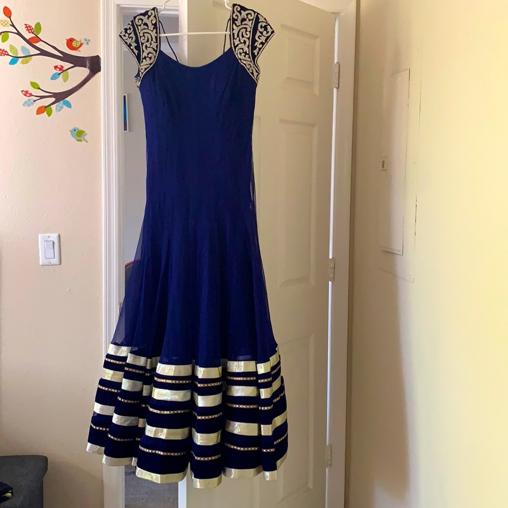 Royal blue with silver crystal beading. Size S-M